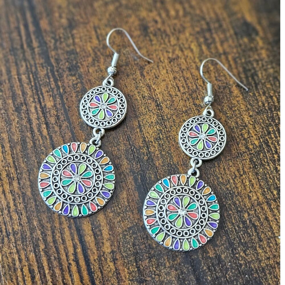 Boutique Multicolor Mandala Boho Silver Tone Dangle Drop Earrings NWT